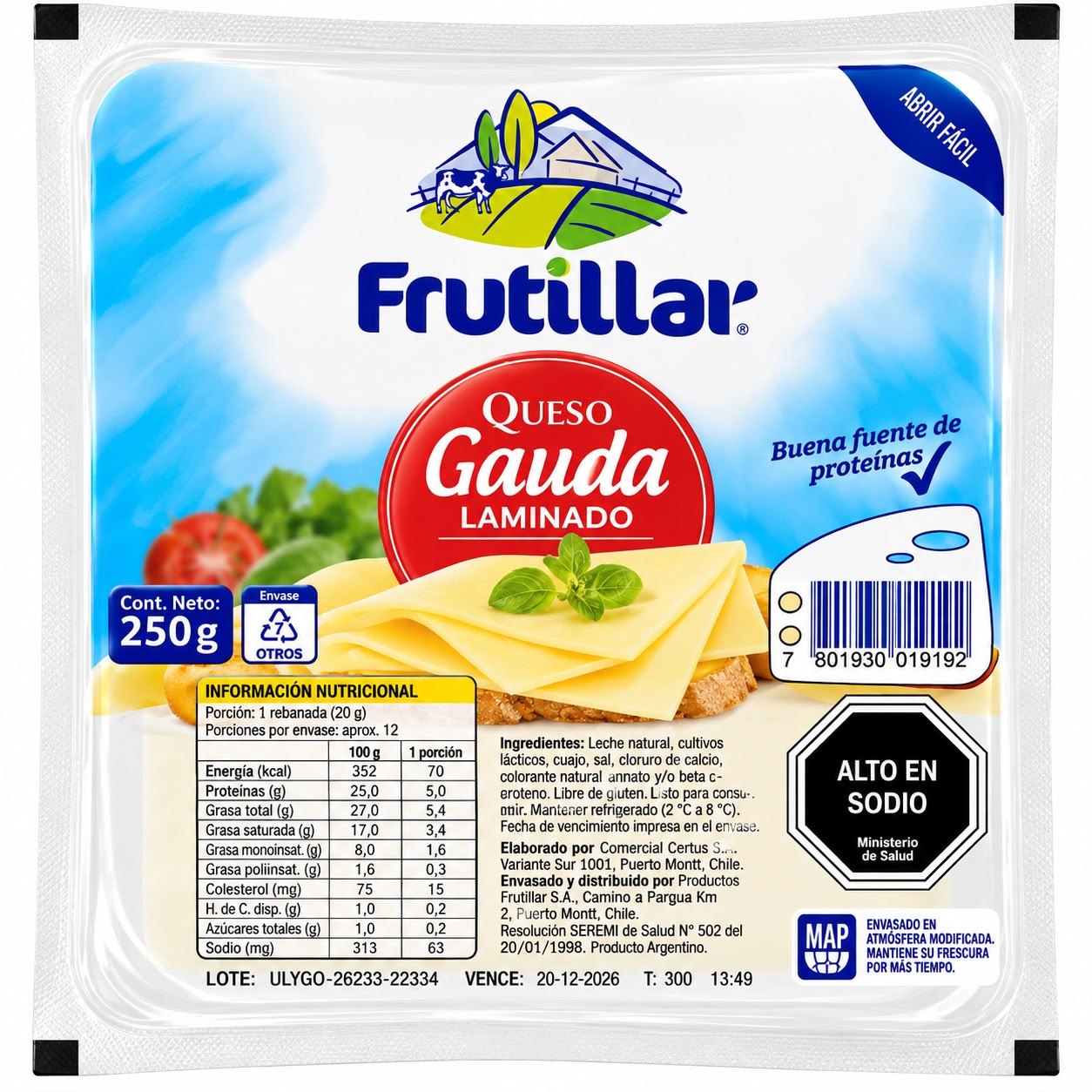 Queso Gauda Laminado Frutillar 250Gr