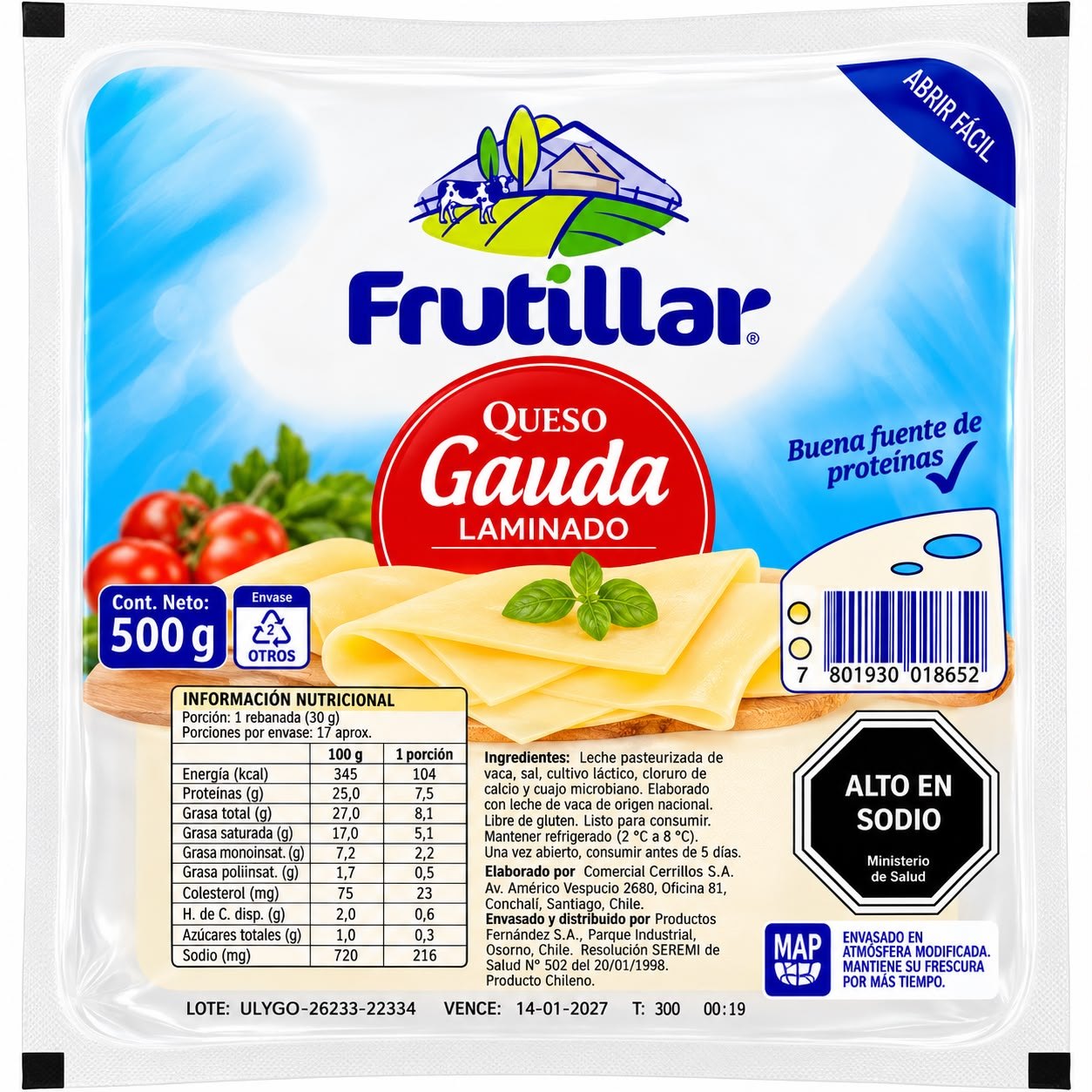 Queso Gauda Laminado Frutillar 500Gr