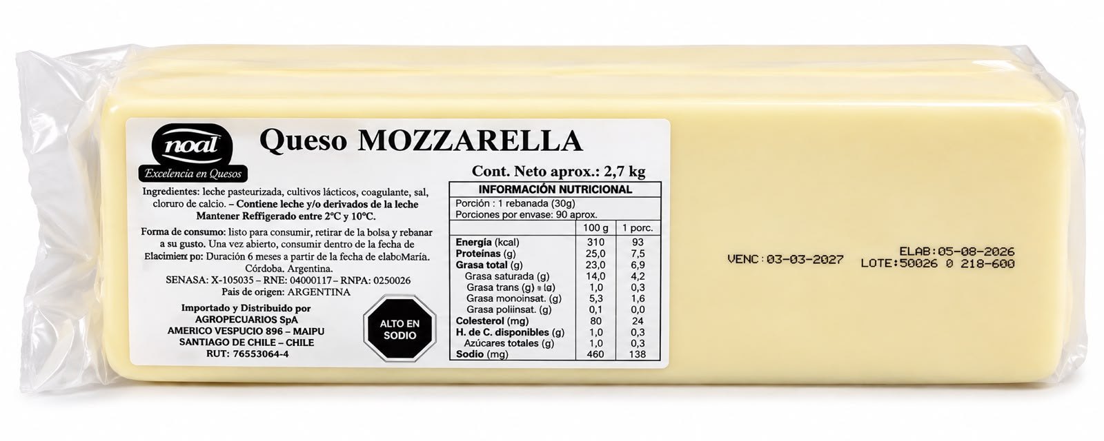Queso Mozzarella Barra Noal 2,7kg